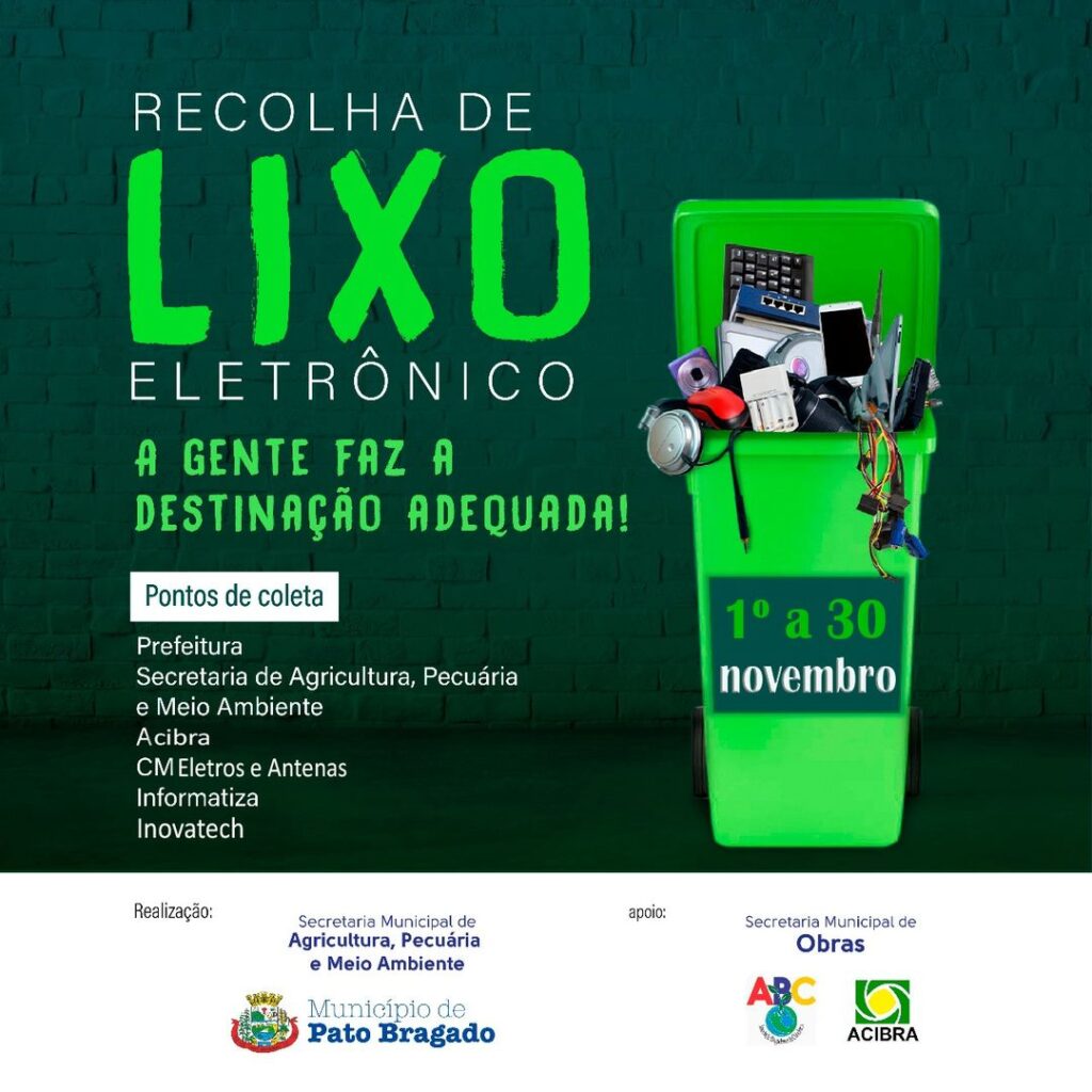 A  campanha de recolha do lixo eletrônico será promovida até 30 de novembro em Pato Bragado. 

Destine os materiais elétricos e eletrônicos nos pontos