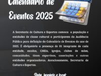 #CONVOCAÇÃO  Alterado a data do Calendário de Eventos 2025

A Secretaria de Cultura e Esportes convoca a população e entidades de classe cultural a pa