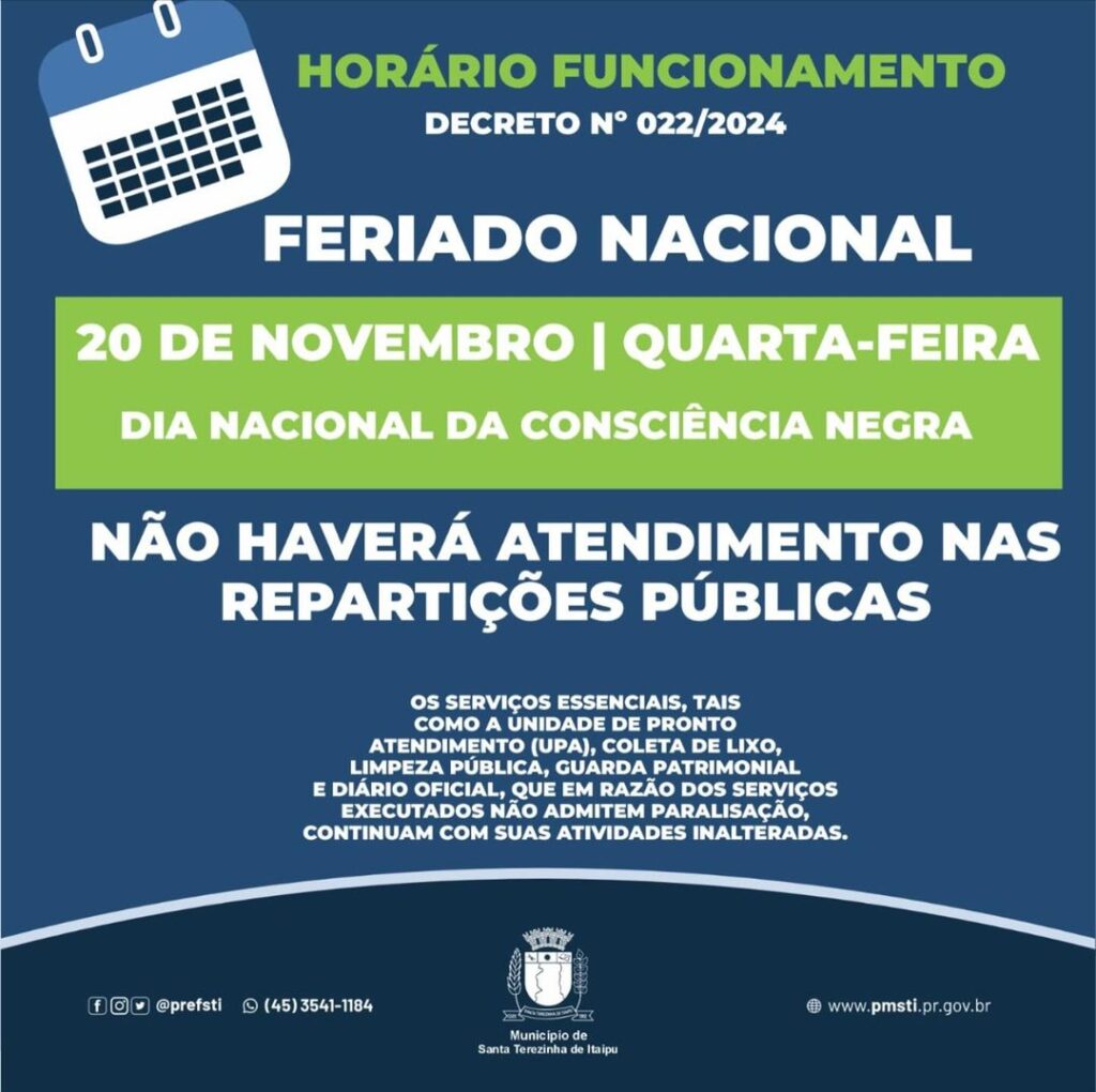 Atenção, itaipuenses! 
Devido ao Feriado Nacional em que é comemorado o Dia Nacional da Consciência Negra, 20 de novembro, não haverá atendimento nas