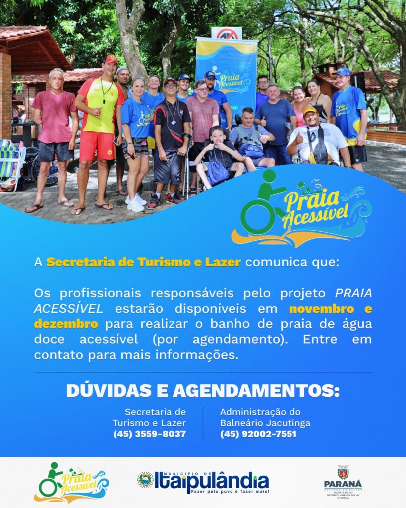 #ACESSIBILIDADE  Projeto Praia Acessível: faça seu agendamento!

A Secretaria de Turismo e Lazer informa que, durante os meses de novembro e dezembro,