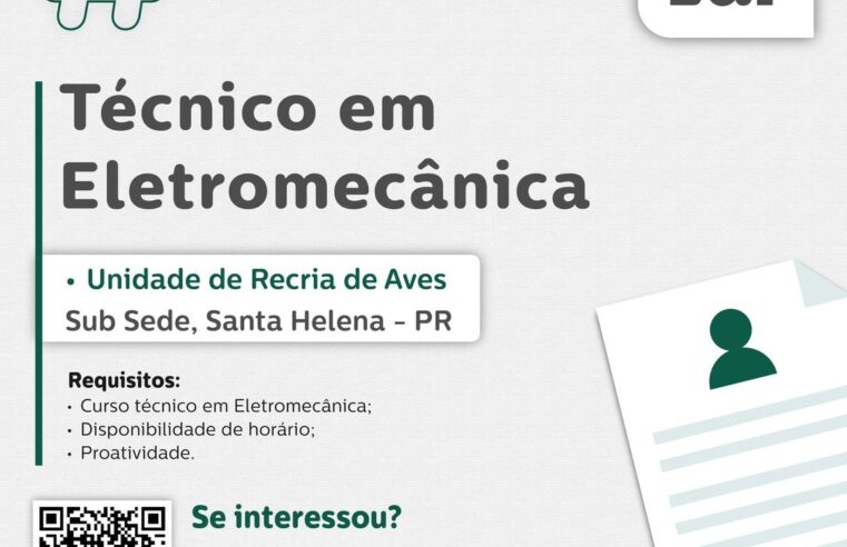 Vaga Técnico em Eletromecânica em Santa Helena (PR) até 30/11