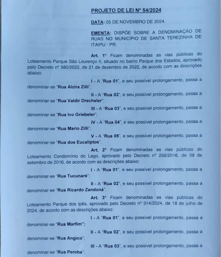 Projeto de Lei 54/2024 gera polêmica em Santa Terezinha de Itaipu