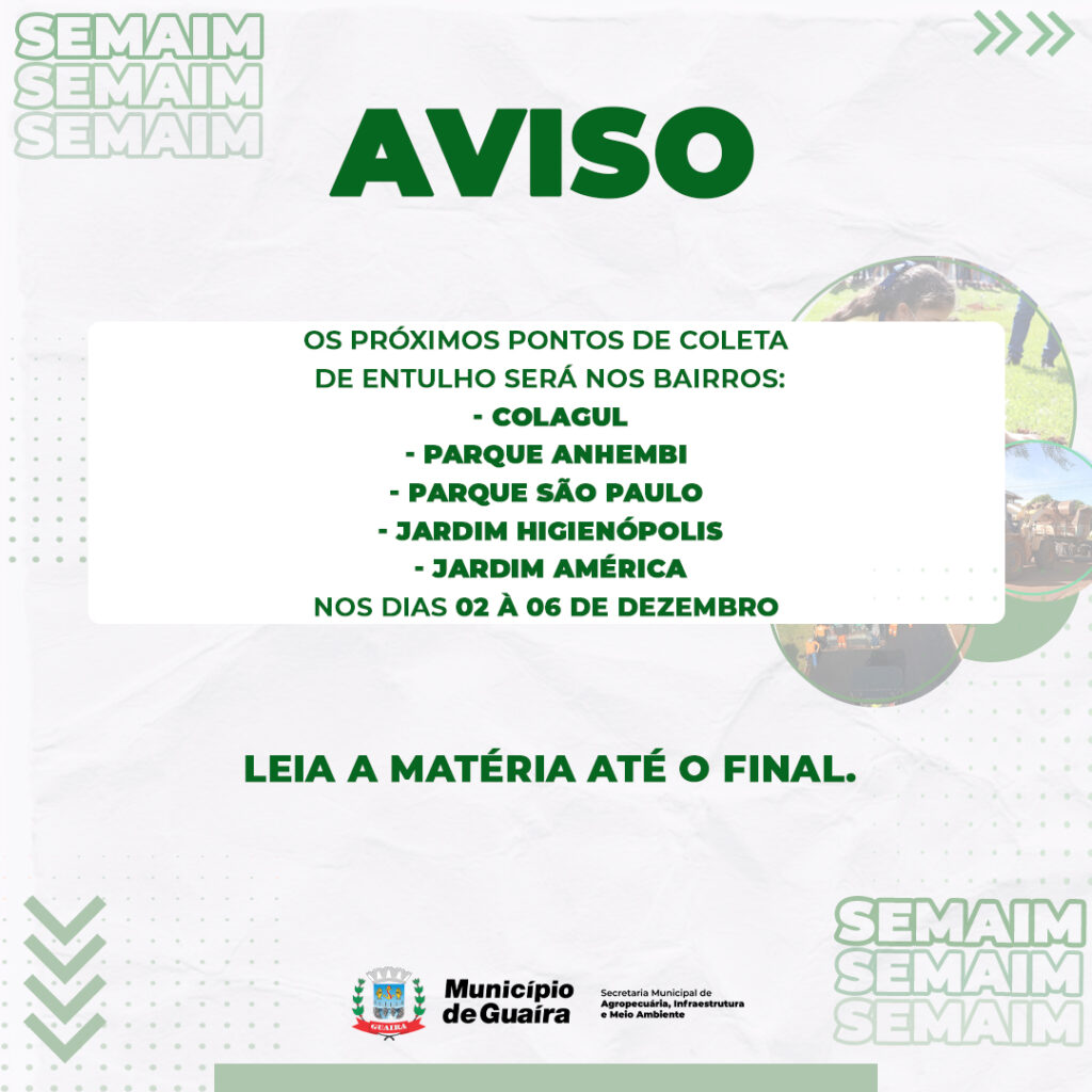 Município Divulga Cronograma de Limpeza Pública

O Município de Guaíra, por meio da Diretoria de Limpeza da SEMAIM - Secretaria Municipal de Agropecuá
