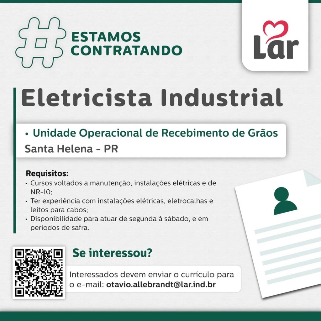 Vaga para Santa Helena (PR)

Oportunidade para Eletricista Industrial, na Unidade Operacional de Recebimento de Grãos. 

Se interessou? 

Interessados