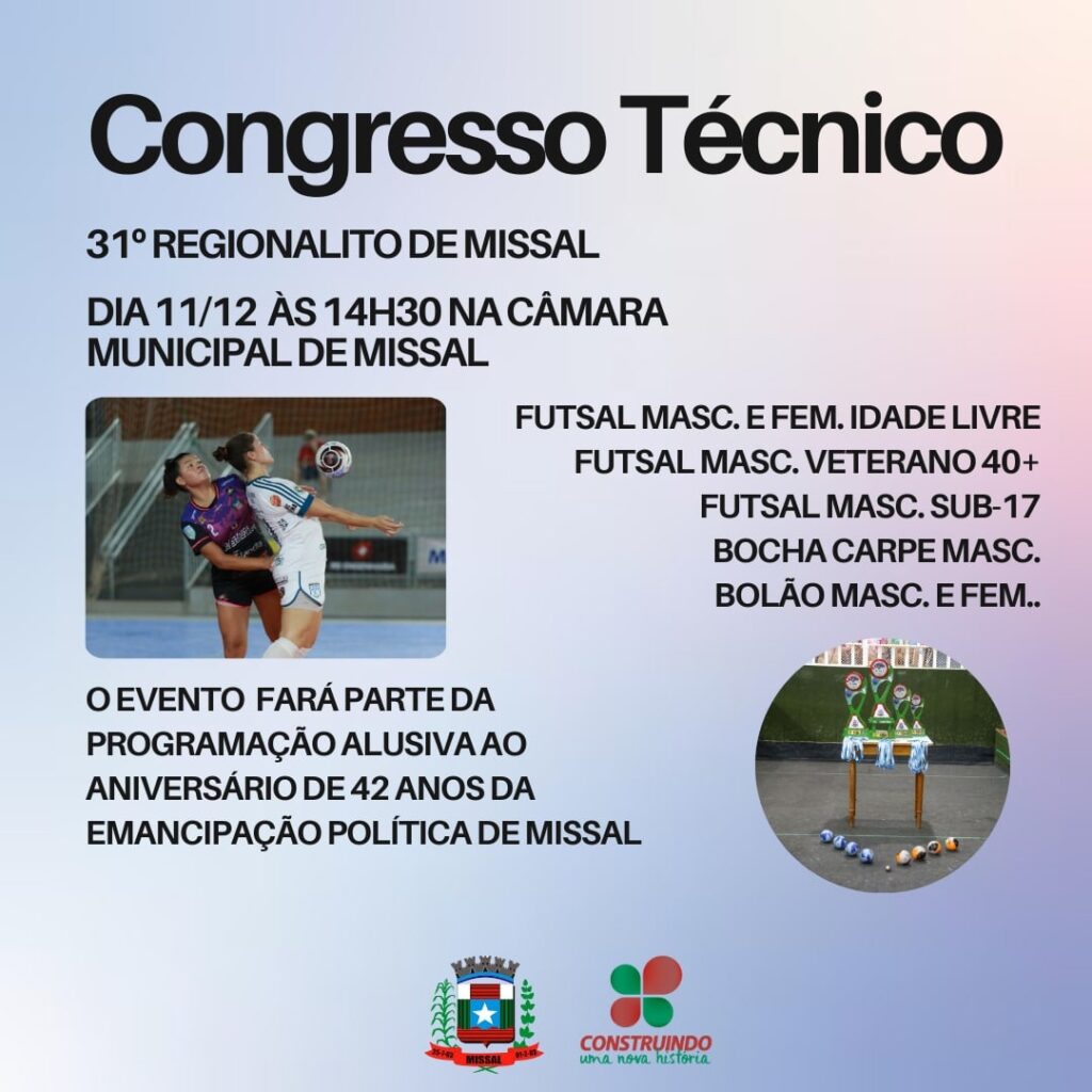 Missal prepara 31º Regionalito para 2025

No dia 11 de dezembro de 2024 ocorre o Congresso Técnico em preparação do 31º Regionalito de Missal. O event