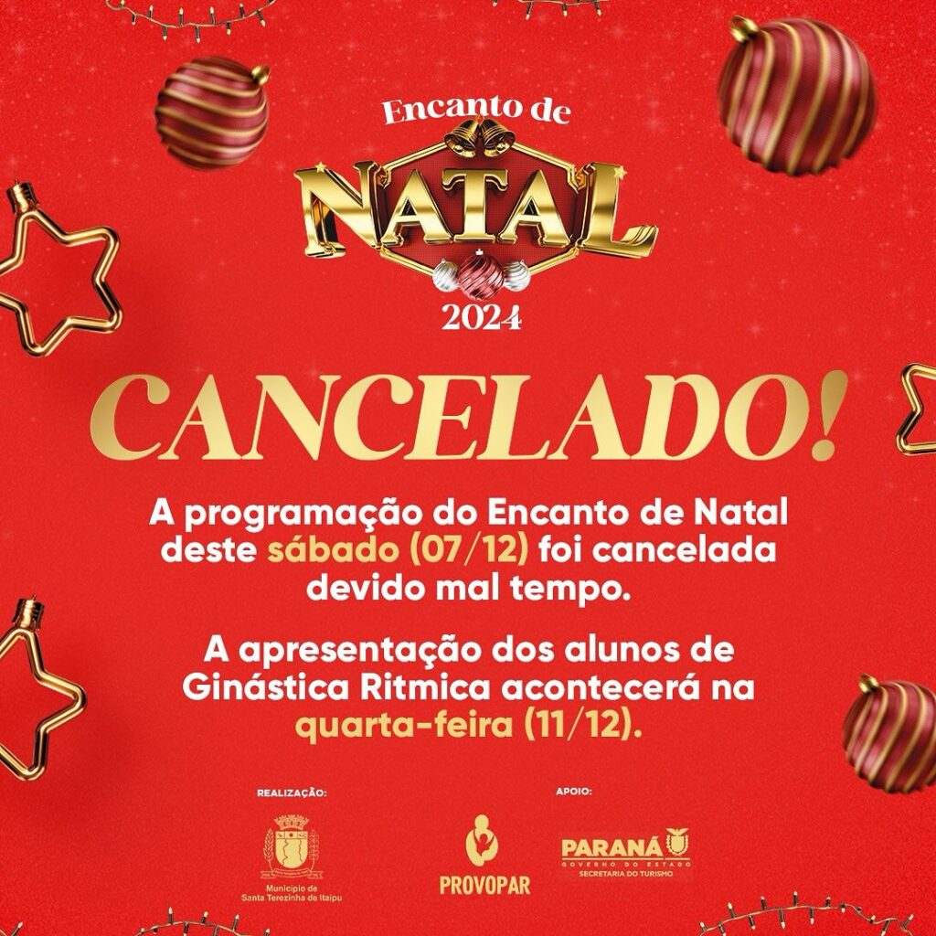 Encanto de Natal!  
A programação deste sábado, 7, foi cancelada devido às condições climáticas. 

Contamos com a compreensão de todos!