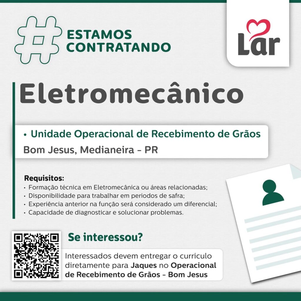 Vaga para Bom Jesus, Medianeira (PR)

Oportunidade para Eletromecânico, na Unidade Operacional de Recebimento de Grãos. 

Se interessou? 

Interessado