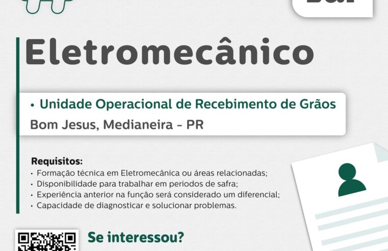 Vaga para Eletromecânico em Medianeira PR 🚜 Últimos Dias