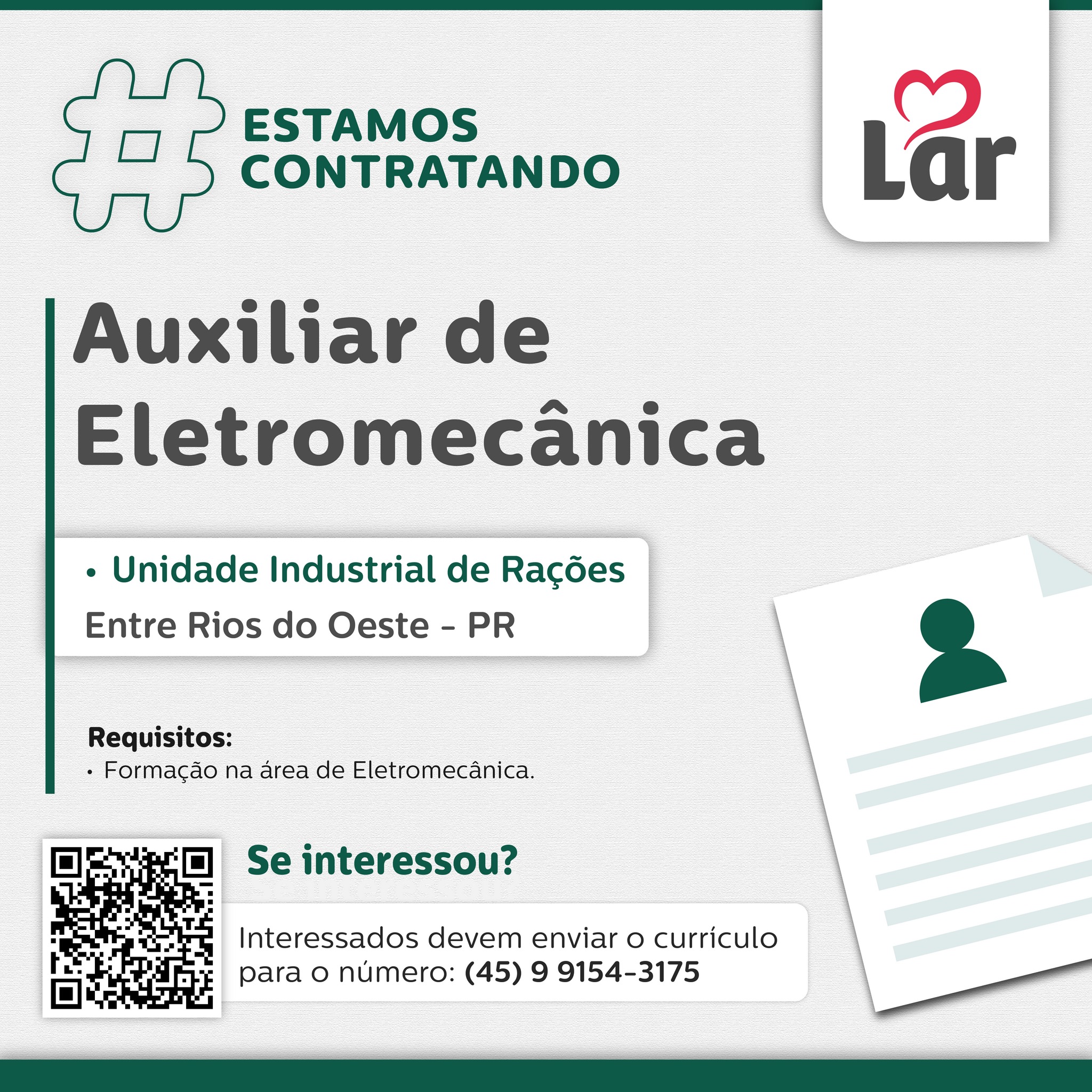 Vaga para Auxiliar de Eletromecânica em Entre Rios do Oeste (PR)