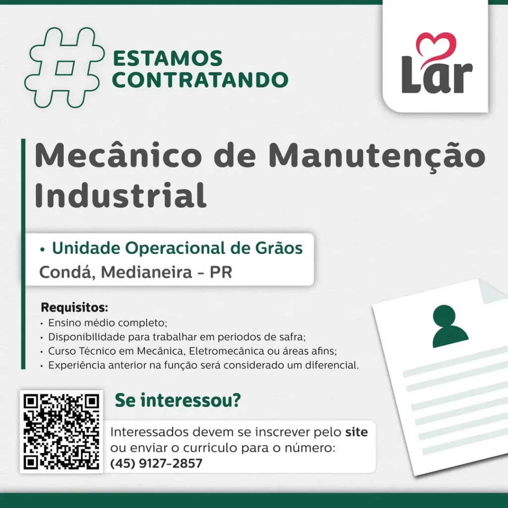 Vaga para Condá, Medianeira (PR)

Oportunidade para Mecânico de Manutenção Industrial, na Unidade Operacional de Grãos. 

Se interessou? 

Interessado