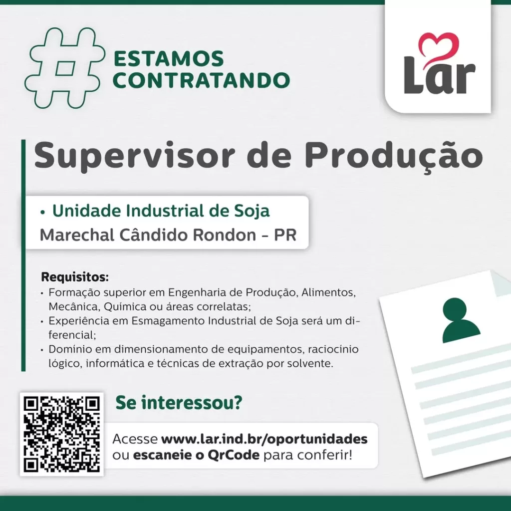 Vaga para Marechal Cândido Rondon (PR)

Oportunidade para Supervisor de Produção, na Unidade Industrial de Soja. 

Se interessou? 

Inscrições através