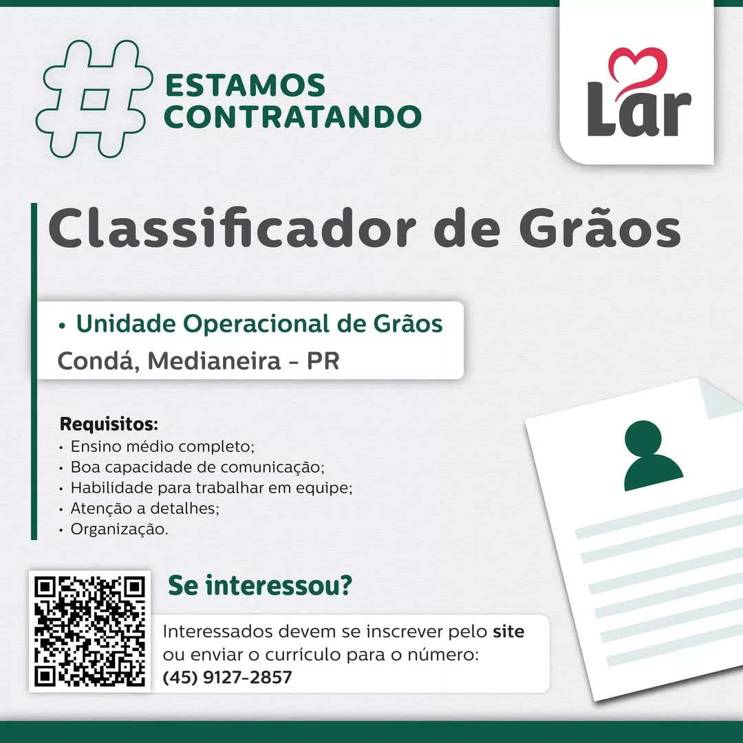 Vaga em Medianeira: Classificador de Grãos! Inscreva-se já 🌟