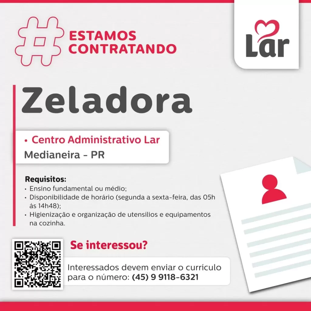Vaga para Medianeira (PR)

Oportunidade para Zeladora, no Centro Administrativo Lar. 

Se interessou? 

Interessados devem enviar o currículo para o n