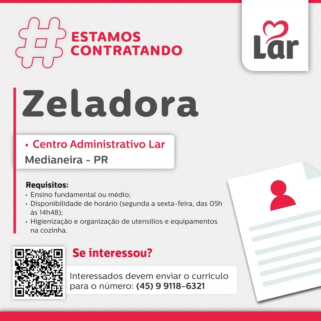 Vaga de zeladora em Medianeira PR com inscrição até 19/01 ✨