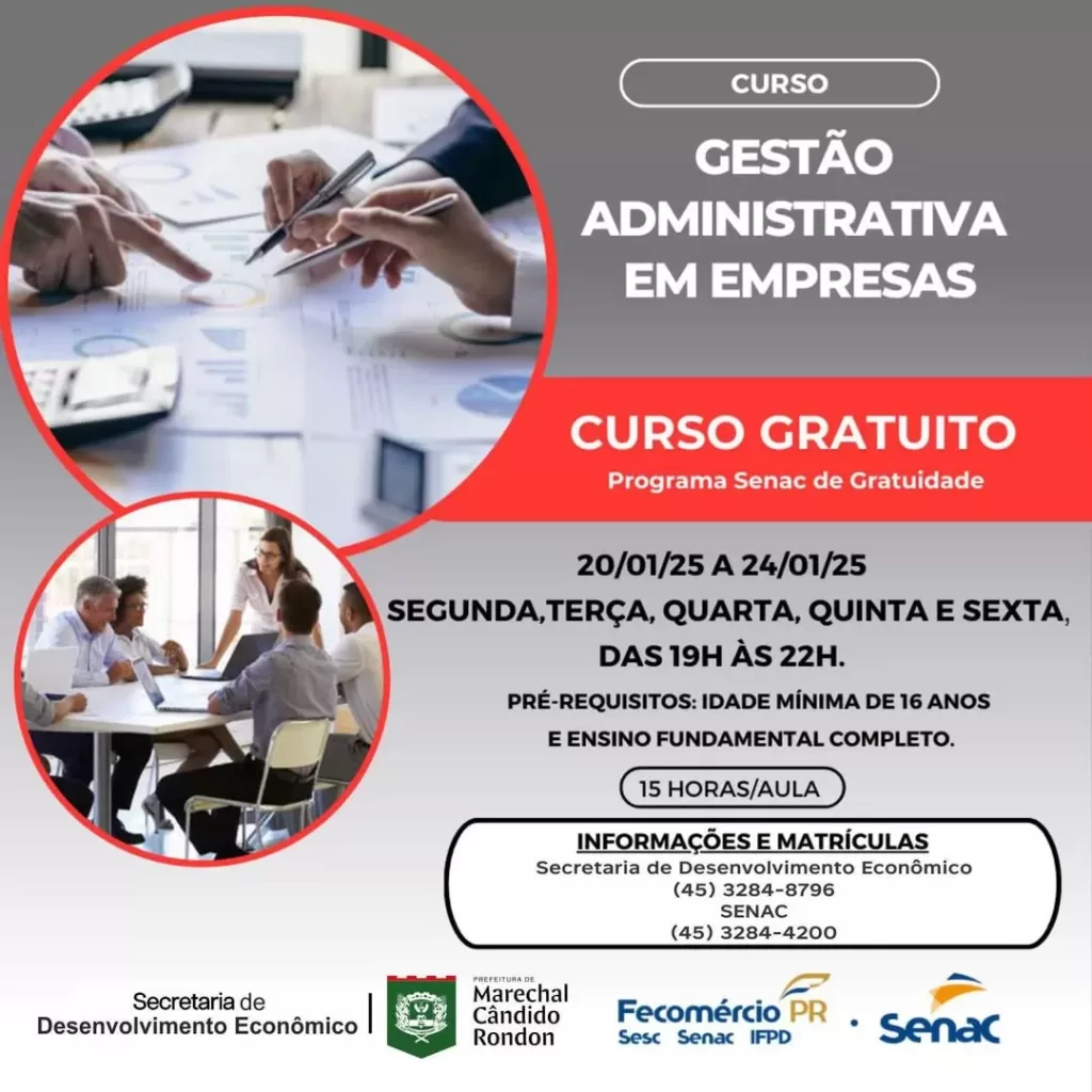 Abertas as inscrições para o curso de gestão administrativa em empresas em Marechal Rondon

A capacitação é gratuita e acontecerá de 20 a 24 de janeir