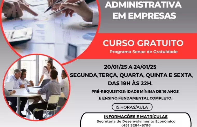 Curso gratuito de gestão administrativa com vagas limitadas 🕐