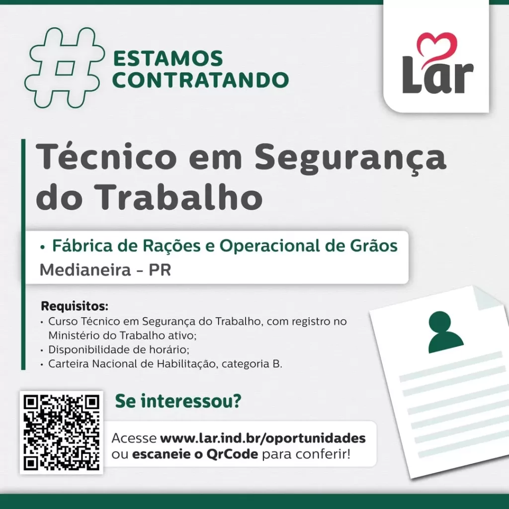 Vaga para Medianeira (PR)

Oportunidade para Técnico em Segurança do Trabalho, na Fábrica de Rações e Operacional de Grãos. 

Se interessou? 

Inscriç