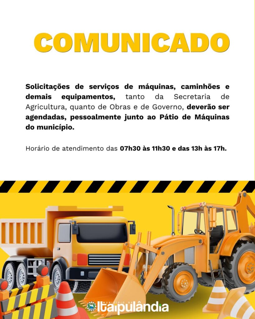 #COMUNICADO Atenção, munícipes!

As solicitações de serviços de máquinas, caminhões e demais equipamentos das Secretarias de Agricultura, Obras e Gove