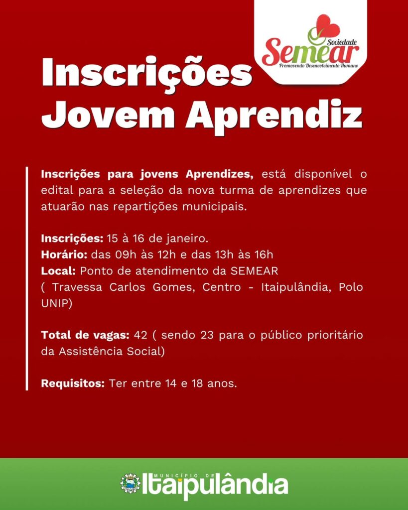 Jovem Aprendiz: Inscrições! 

Se você tem entre 14 e 18 anos, essa é a sua chance de atuar nas repartições municipais! 

 Inscrições: 15 e 16 de janei