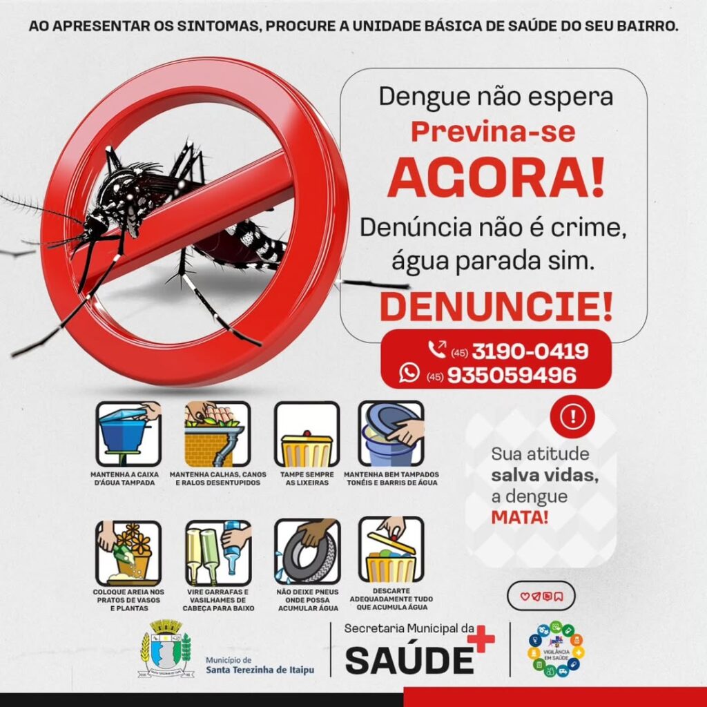 Atenção, Santa Terezinha de Itaipu! O mosquito Aedes aegypti não é só transmissor da dengue, mas também da zika e chikungunya. E ele pode estar mais p