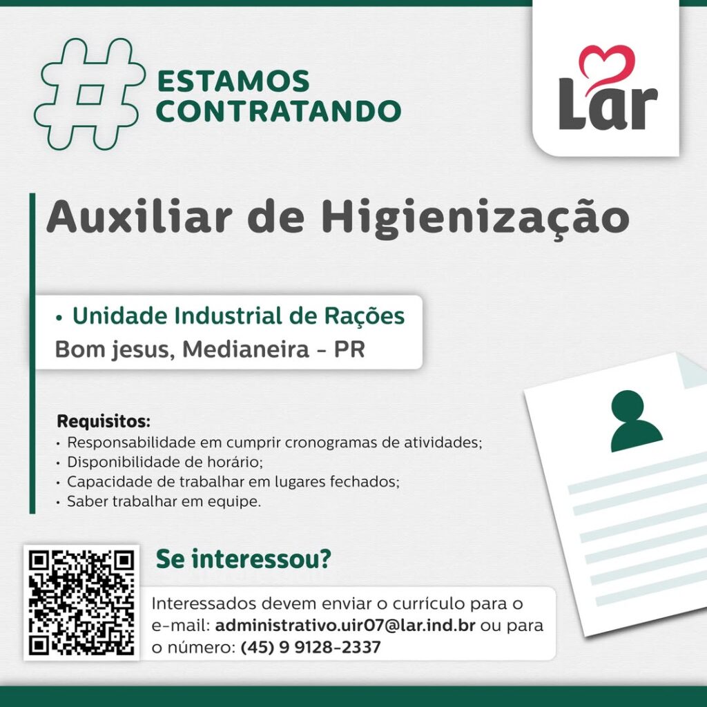 Vaga para Bom Jesus, Medianeira (PR)

Oportunidade para Auxiliar de Higienização, na Unidade Industrial de Rações. 

Se interessou? 

Interessados dev
