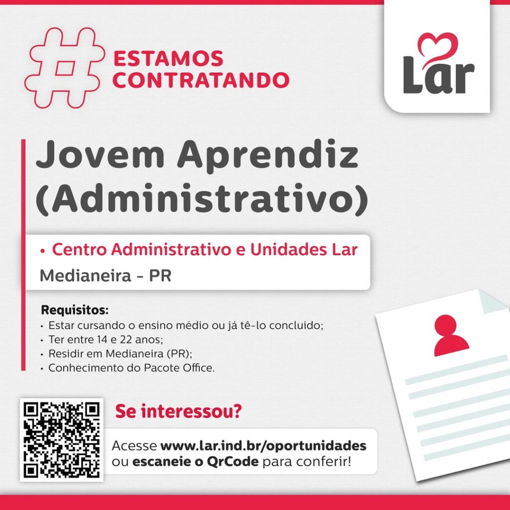 Vaga para Medianeira (PR)

Oportunidade para Jovem Aprendiz (Administrativo), no Centro Administrativo e Unidades Lar. 

Se interessou? 

Inscrições a