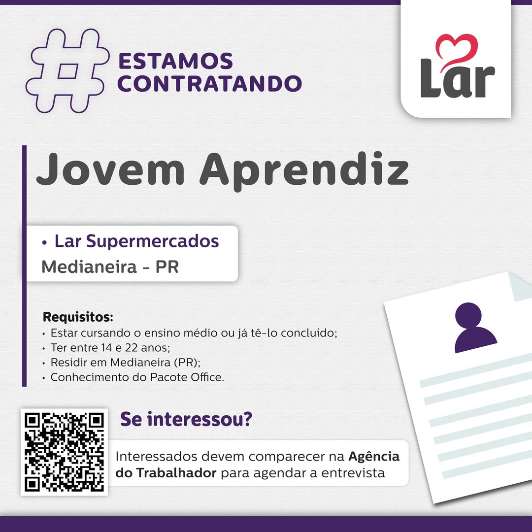 Vaga Jovem Aprendiz no Lar Supermercados em Medianeira 🛒