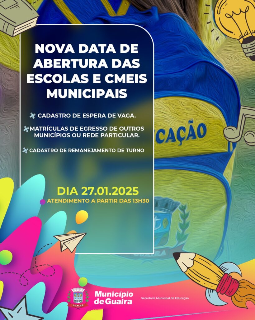 O Município de Guaíra através da Secretaria Municipal de Educação comunica a todos os pais e responsáveis que, em razão de ajustes logísticos, a data