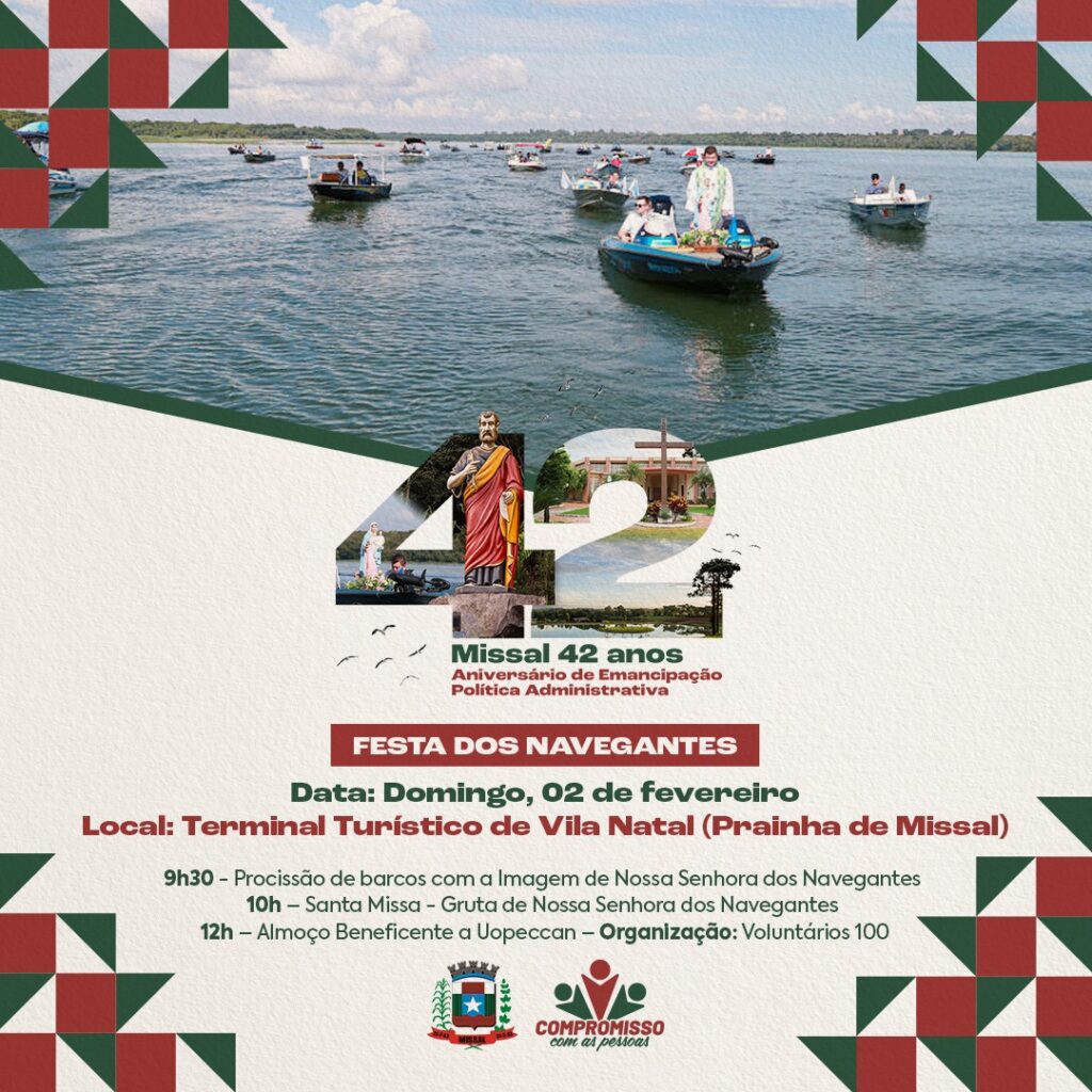 FESTA DOS NAVEGANTES

Confira o cronograma da Festa dos Navegantes em Missal e se programe. Participe da Festa Beneficente. Todo o lucro do evento ser