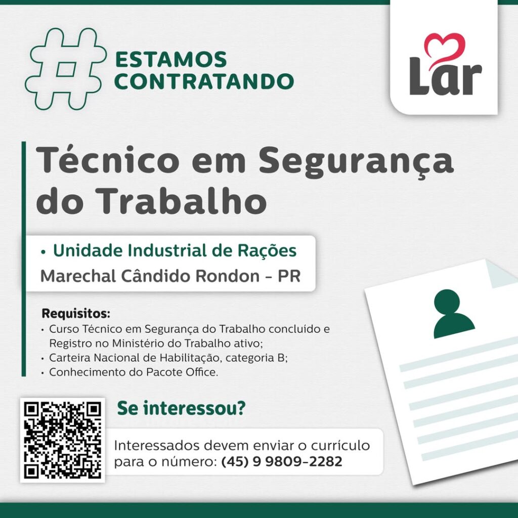 Vaga para Medianeira (PR)

Oportunidade para Técnico em Segurança do Trabalho, na Unidade Industrial de Rações. 

Se interessou? 

Interessados devem