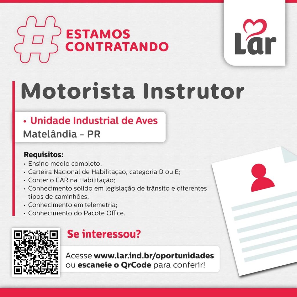 Vaga para Matelândia (PR)

Oportunidade para Motorista Instrutor, na Unidade Industrial de Aves. 

Se interessou? 

Inscrições através do portal de va