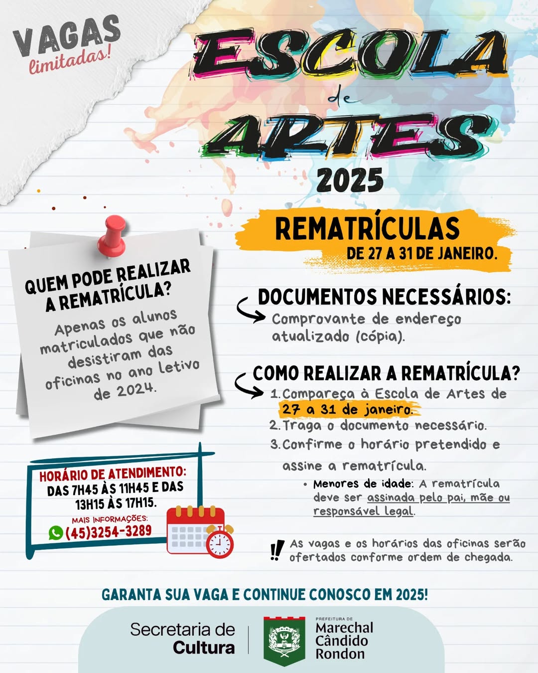 Rematrículas abertas na Escola de Artes de Marechal 🚨