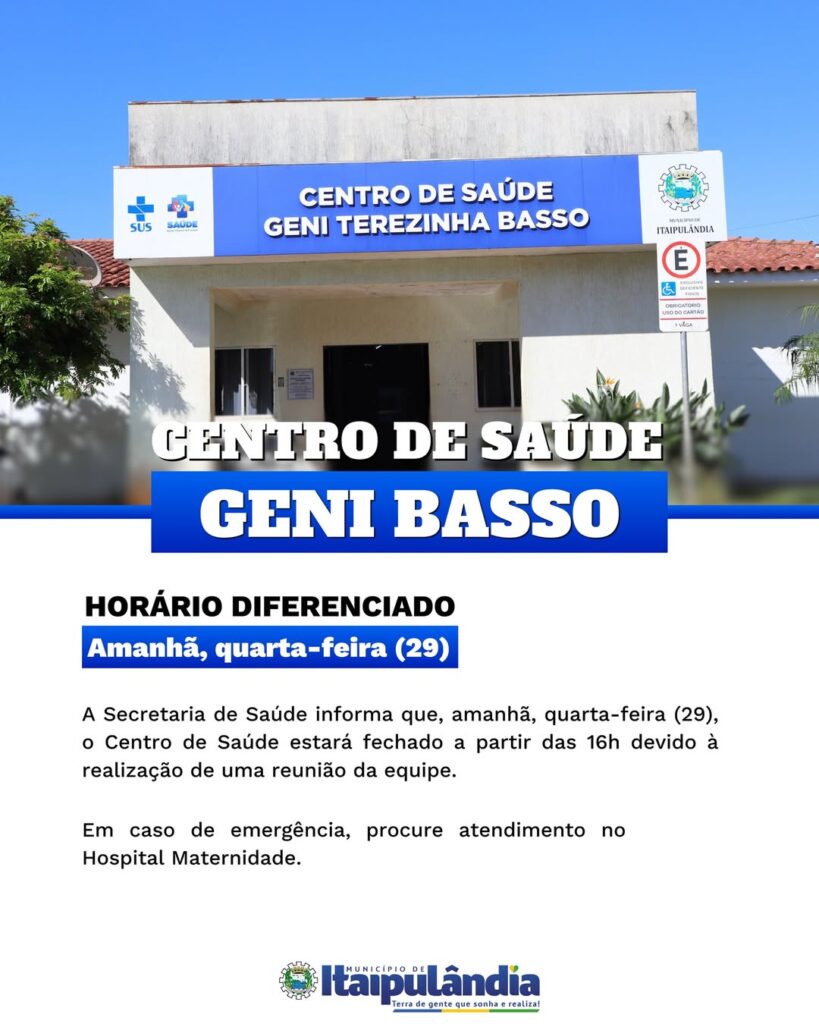 #COMUNICADO Atenção!

A Secretaria de Saúde informa que, amanhã, quarta-feira (29), o Centro de Saúde estará fechado a partir das 16h devido à realiza