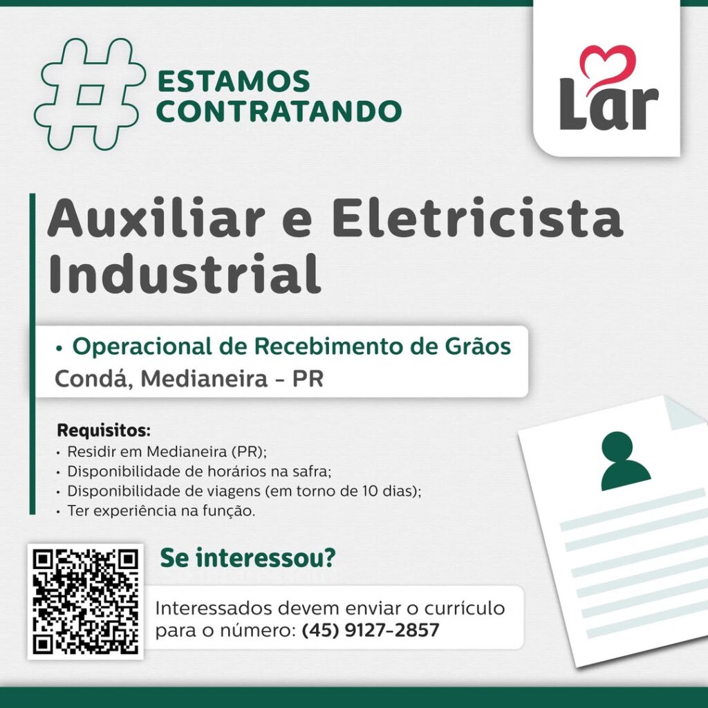 Vaga para Condá, Medianeira (PR)

Oportunidade para Auxiliar e Eletricista Industrial, no Operacional de Recebimento de Grãos. 

Se interessou? 

Inte