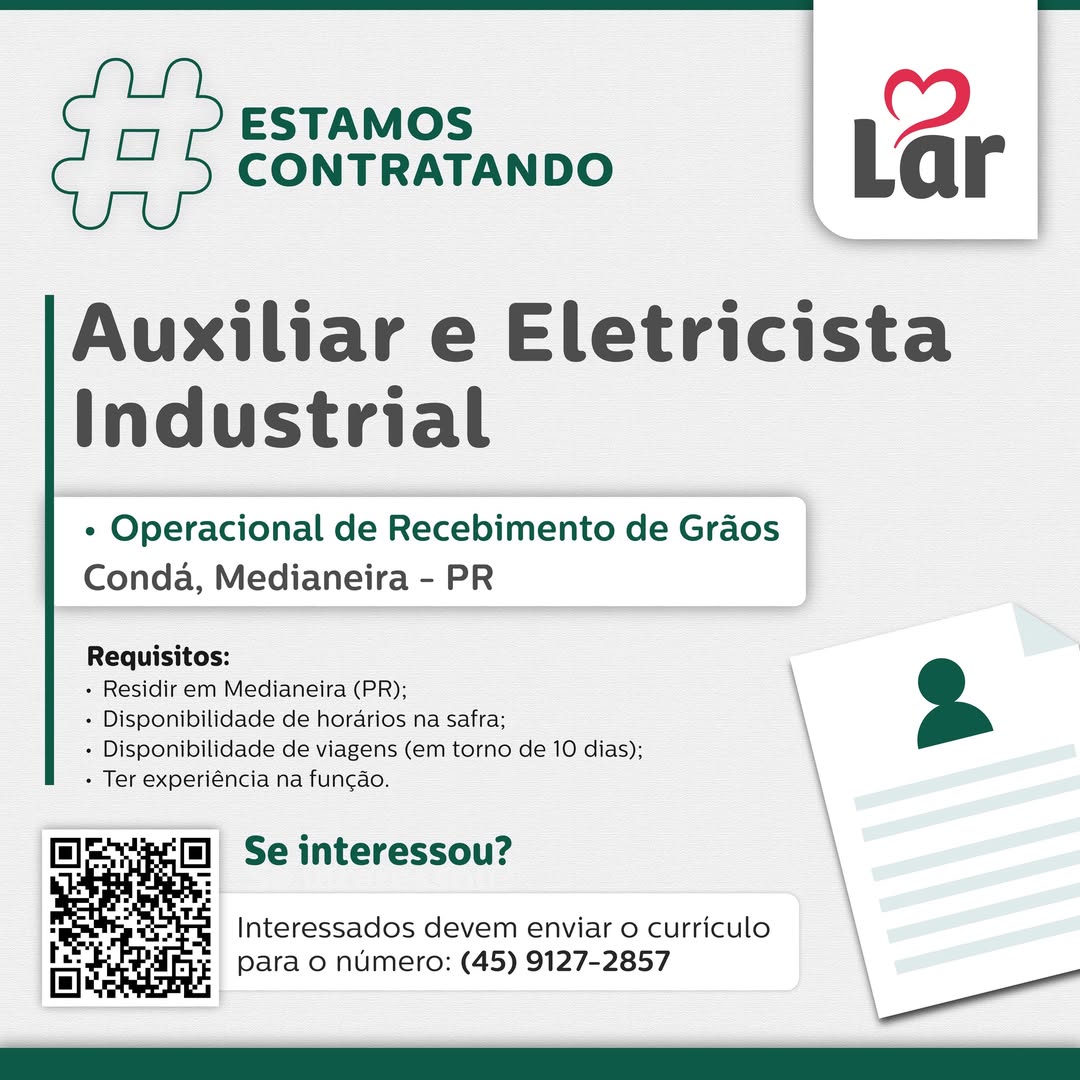 Vaga para Eletricista Industrial em Medianeira 📢📌