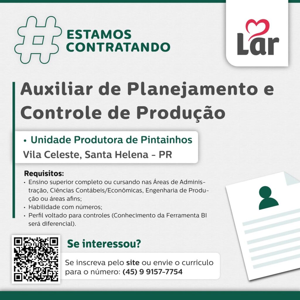 Vaga para Vila Celeste, Santa Helena (PR)

Oportunidade para Auxiliar de Planejamento e Controle de Produção, na Unidade Produtora de Pintainhos. 

Se