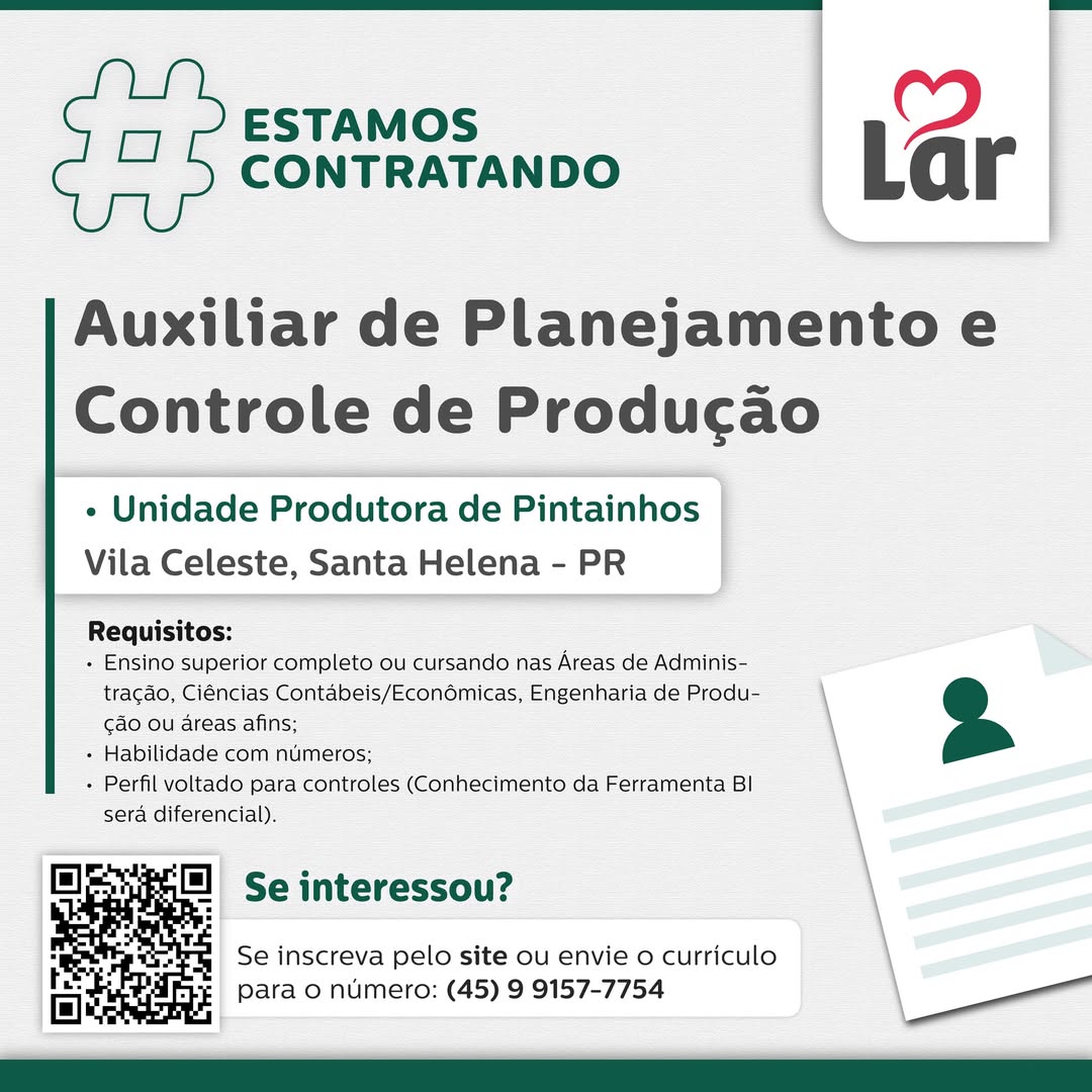 Vaga em Santa Helena (PR) para Auxiliar de Planejamento 💼🚀