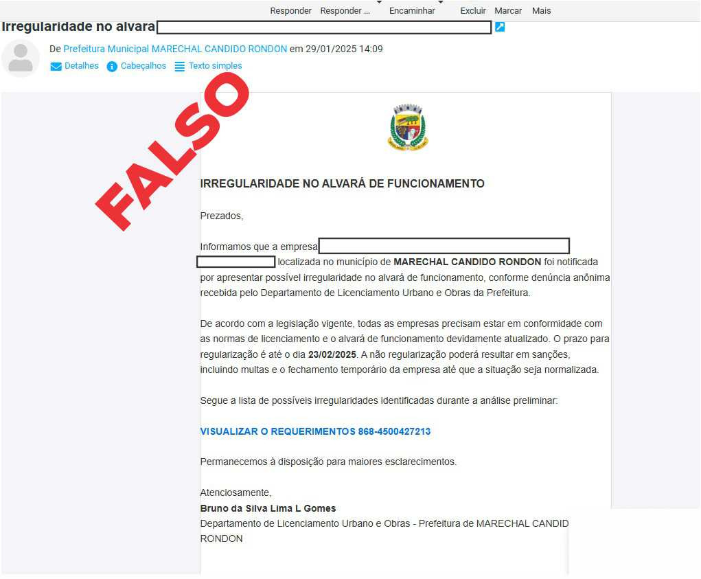 Atenção: Alerta sobre e-mail falso em Marechal Cândido Rondon ⚠️