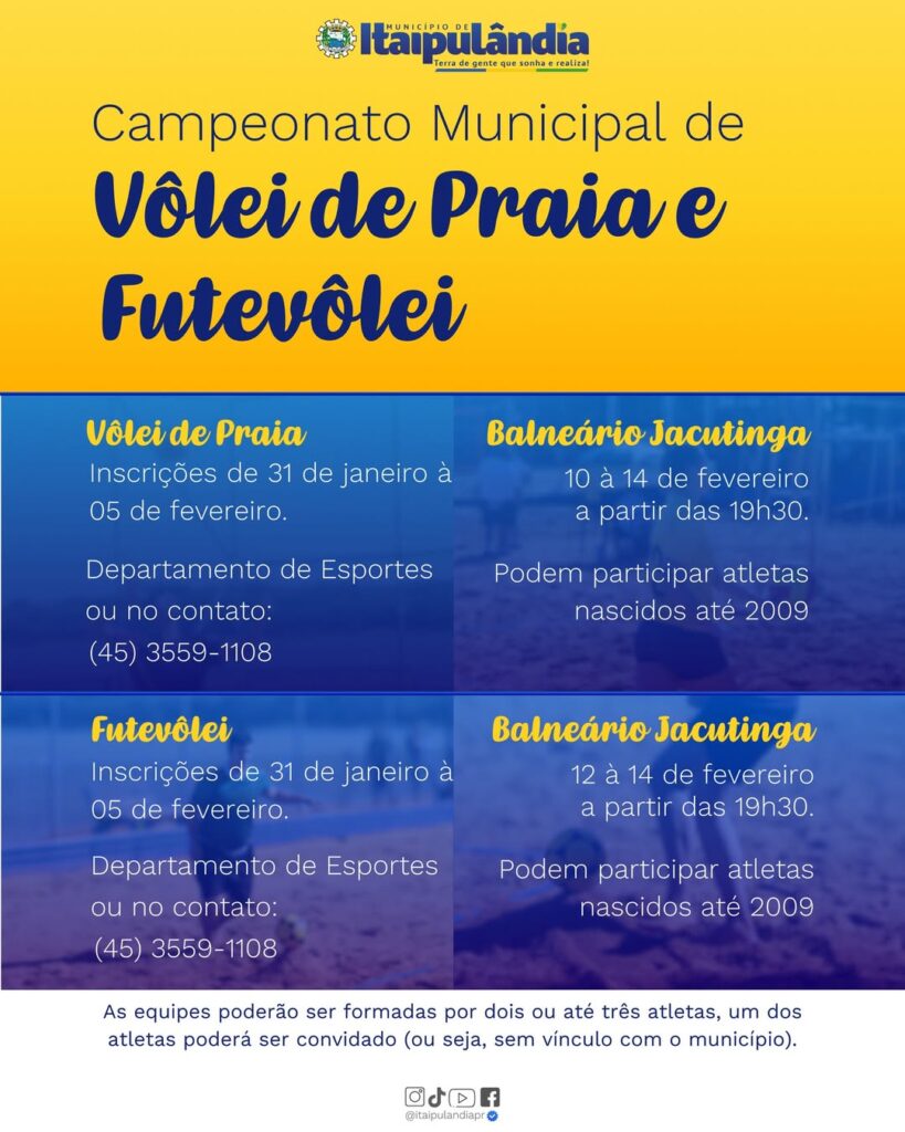 #CAMPEONATOVem aí o III Campeonato Municipal de Vôlei de Praia e Futevôlei!

As inscrições já estão abertas! Chame seu parceiro(a) e garanta sua vaga