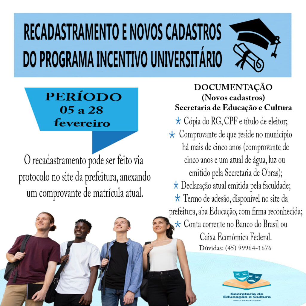 De 05 a 28 de fevereiro, estará aberto o cadastramento e recadastramento do Programa Incentivo Universitário. Essa é uma ótima oportunidade para garan