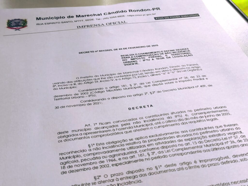 Município rondonense convoca contribuintes para comprovação de não incidência do IPTU em chácaras e áreas rurais no perímetro urbano

Prazo vai até 30