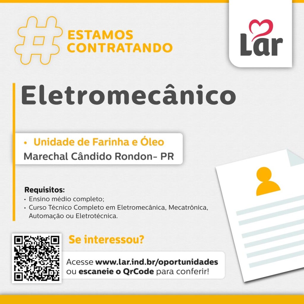 Vaga para Marechal Cândido Rondon (PR)

Oportunidade para Eletromecânico, na Unidade de Farinha e Óleo. 

Se interessou? 

Inscrições através do porta