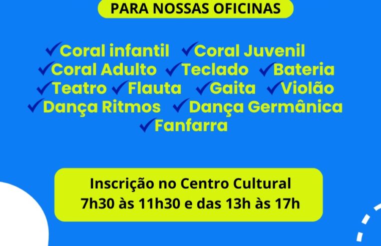 Inscrições abertas para oficinas do Centro Cultural 🎭🎨