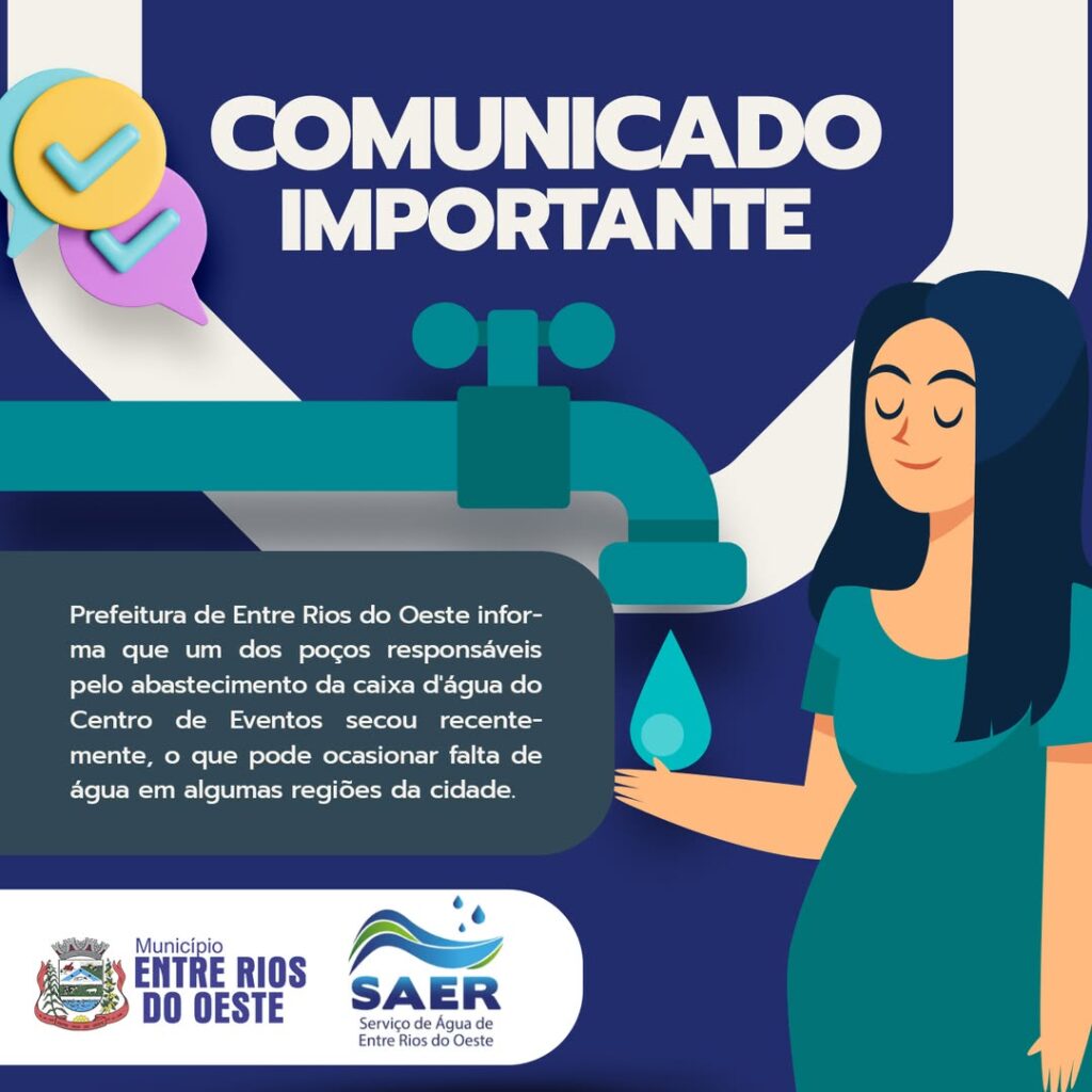 Atenção, moradores de Entre Rios do Oeste: possibilidade de interrupção no abastecimento de água.

A Prefeitura de Entre Rios do Oeste informa que um