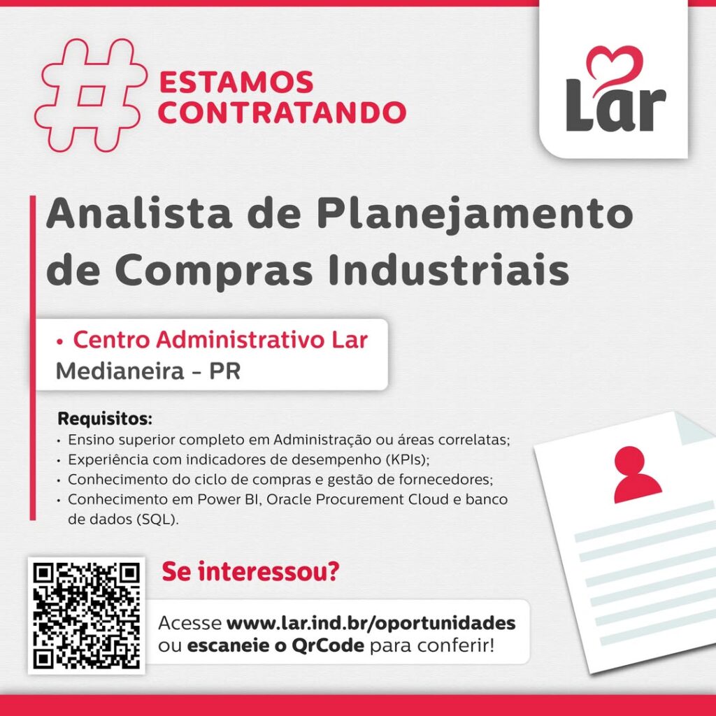 Vaga para Medianeira (PR)

Oportunidade para Analista de Planejamento de Compras Industriais, no Centro Administrativo Lar. 

Se interessou? 

Inscriç