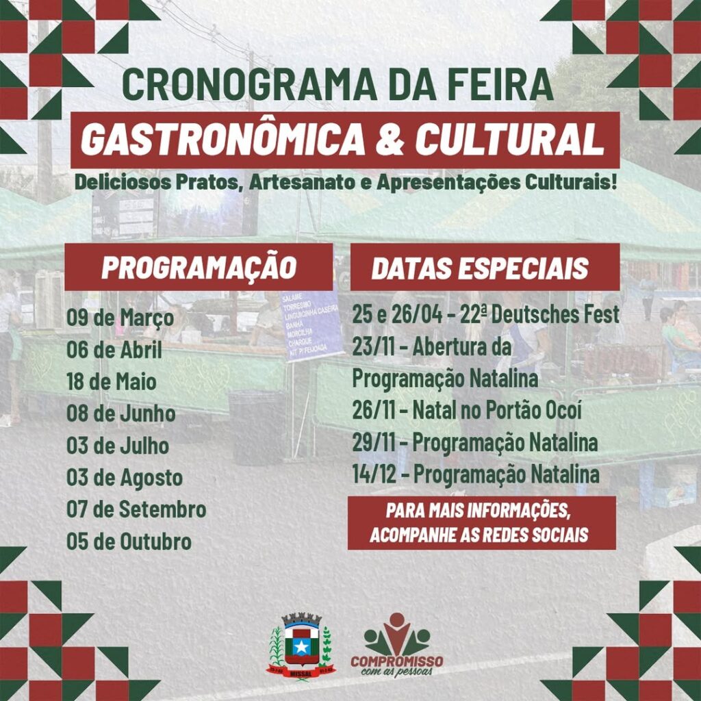 CRONOGRAMA DA FEIRA GASTRONÔMICA E CULTURAL

O Comitê Gestor da Feira Gastronômica e Cultural de Missal se reuniu para elaboração do cronograma de fei
