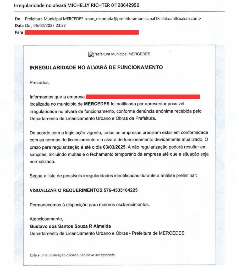A Prefeitura alerta sobre um golpe por e-mail que usa indevidamente nosso nome. As mensagens fraudulentas com o assunto “IRREGULARIDADE NO ALVARÁ DE F