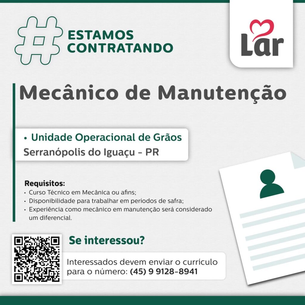 Vaga para Serranópolis do Iguaçu (PR)

Oportunidade para Mecânico de Manutenção, na Unidade Operacional de Grãos. 

Se interessou? 

Interessados deve