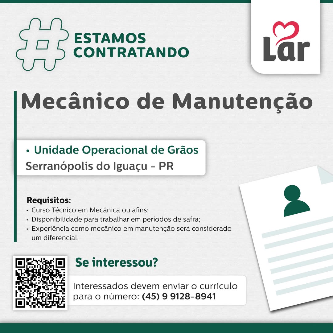 Vaga para Mecânico de Manutenção 🛠️ Envie seu currículo já!