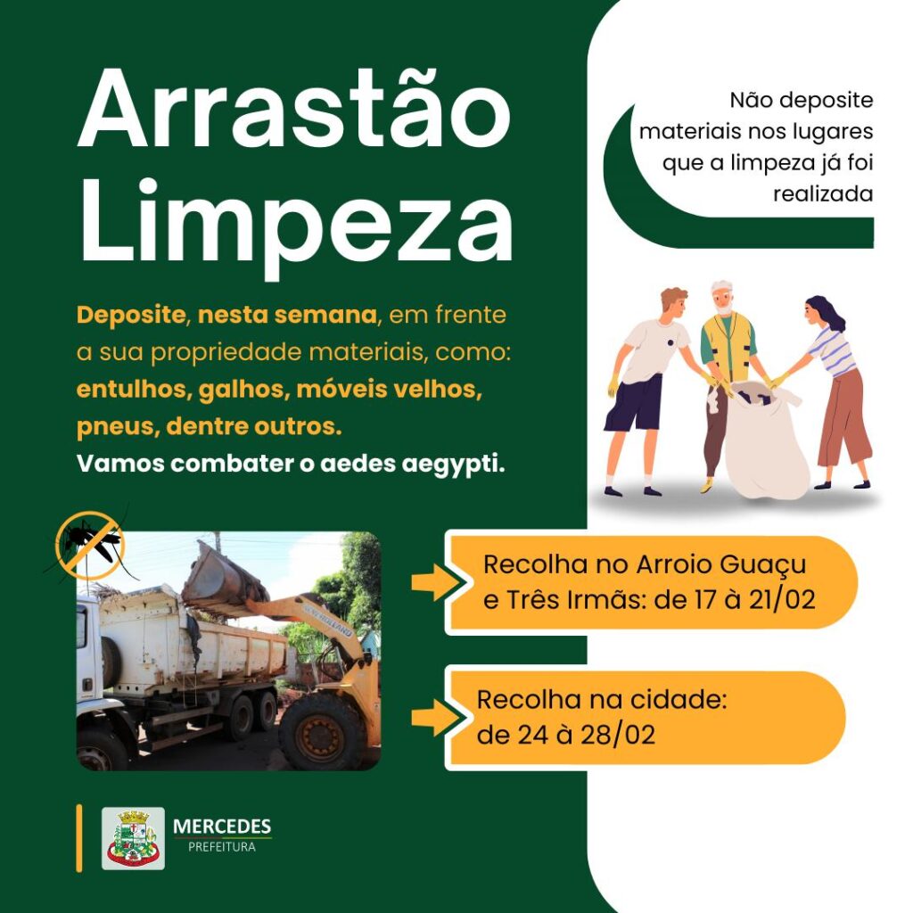 A partir da próxima segunda(17), iniciaremos o primeiro “Arrastão da Limpeza” de 2025

Durante esta semana, aproveite para limpar suas propriedades e